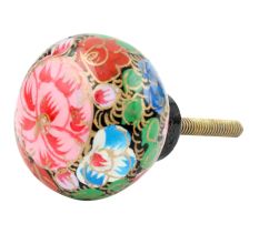 Pink Green Floral Hand Painted Kashmiri Indian Cabinet Knobs